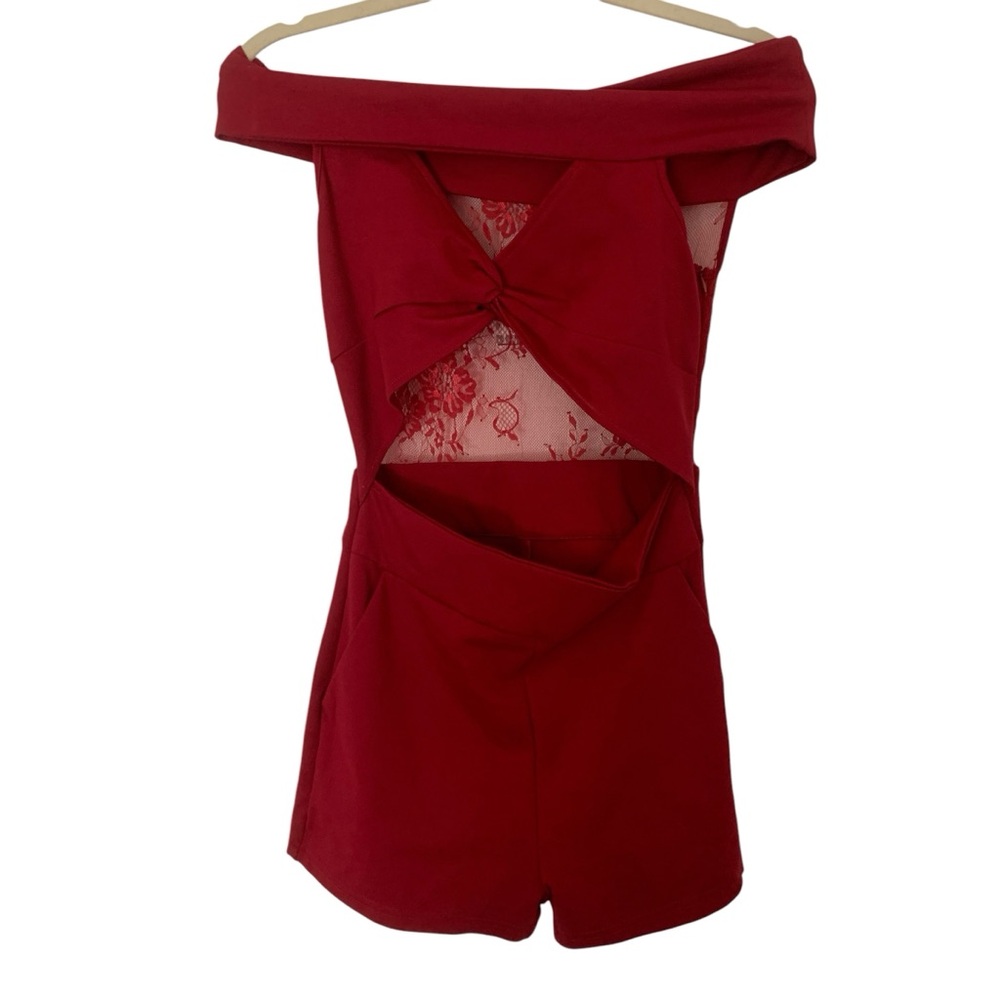 NWT Coalition LA Small Burgundy Red Off Shoulder Romper Lace Trim Vegan Material